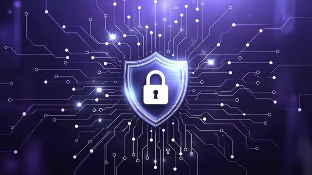 A glowing lock on a shield with digital circuit lines in futuristic style on dark background, symbolizing data security