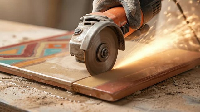 Worker cutting ceramic floor tile with an angle grinder power tool. Sparks fly during home renovation and DIY construction.