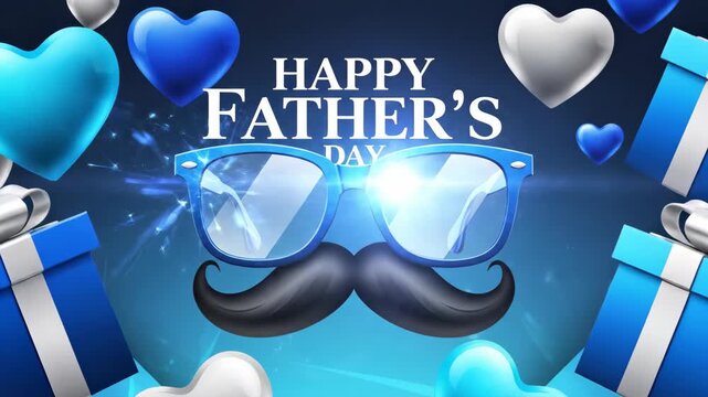 Happy Father's Day text with glasses, mustache, hearts, and gifts