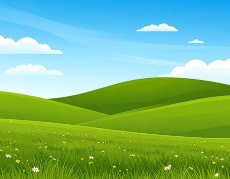 Cartoon landscape; rolling green hills under a bright blue sky with fluffy white clouds