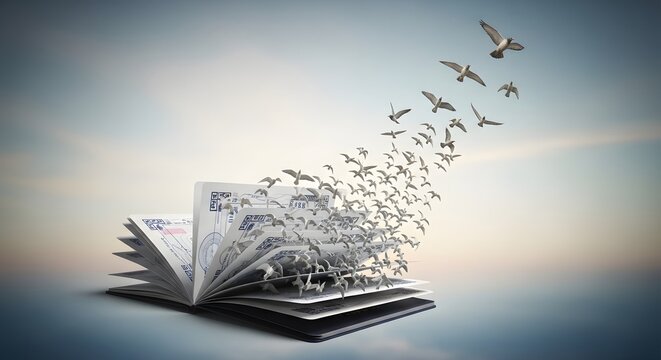 An open book with pages turning into birds flying away