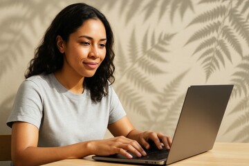 Woman working on laptop with leaf shadows on beige wall in natural light creating calm and creative home office atmosphere. Ai generative