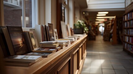 Fototapeta premium Stacked books on a warm wooden counter in the quiet atmospheric aisle of a large bookstore