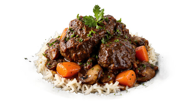 Beef stew rice Braised beef with carrots and mushrooms served over white rice on a transparent background
