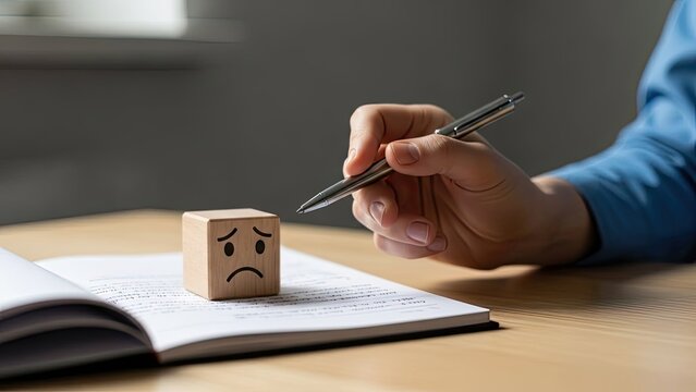 Person Writing Near Sad Emoticon Wooden Block On Notebook Showing Frustration