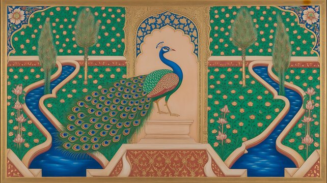 Modern pattern of a mughal garden with a peacock and palace. Ottoman Palace. Illustration