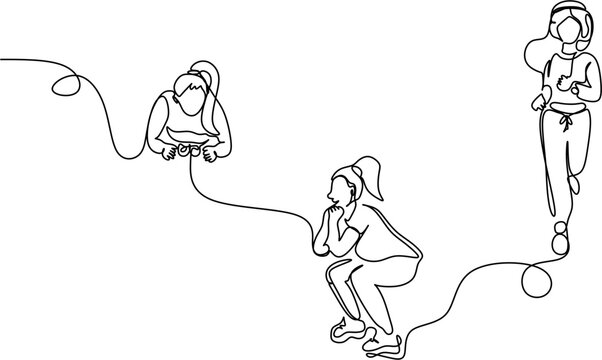 Continuous line drawing of women fitness activity set, minimalist workout, running, and squat poses vector illustration.