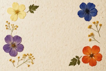 Colorful dried flowers and leaves arranged on textured beige paper background with central copy space for design, invitation or banner template. Ai generative