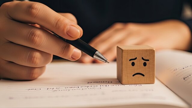 Person Writing Near Sad Face Wooden Block On Sheet Music Paper