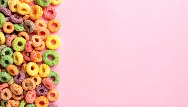 Colorful Cereal Loops Arranged on a Pink Pastel Background