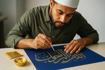 Muslim artist focusing on intricate Arabic calligraphy using gold leaf on dark paper in a well-lit creative space, showcasing cultural expression. Ai generative