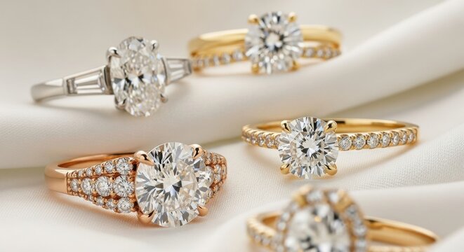 Close up view of various diamond engagement rings