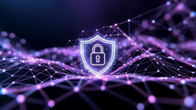 A glowing shield with lock icon amid abstract network in futuristic style on dark background, cybersecurity protection