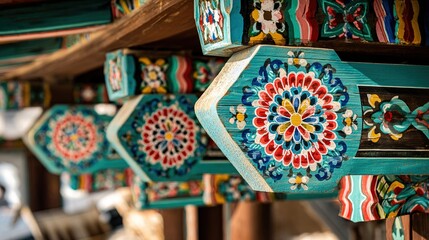 Fototapeta premium dancheong. Intricate close-up of traditional Korean Dancheong patterns on wooden eaves. event programs, museum guides, designed for cultural heritage projects and event programs, used by clinicians.