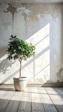 An interior shot features a potted green plant bathed in sunlight filtering through a window, casting shadows on a weathered wall
