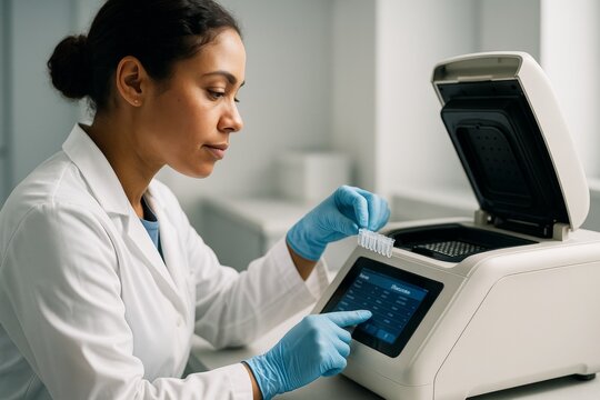 Female scientist using a thermal cycler in a laboratory setting for DNA analysis with gloved hands and focused expression on light background. Ai generative
