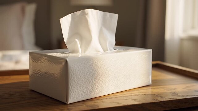 Box of tissues on wooden table in sunlit room