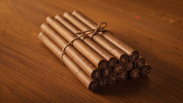 短めのシガリロ束を木のテーブルで捉えた静物写真
