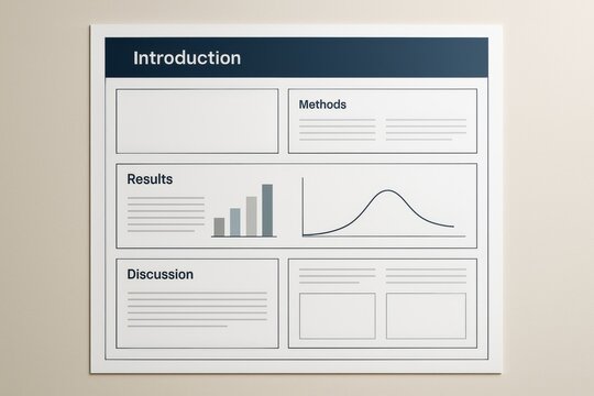 Scientific research poster layout with introduction, methods, results, and discussion sections on light background for academic presentation concept. Ai generative