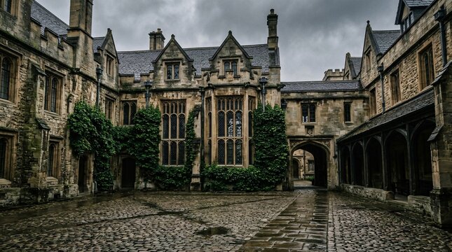 The weathered stone courtyard of this ancient college displays ivy climbing up mullioned windows and damp cobblestones under a cloudy sky.