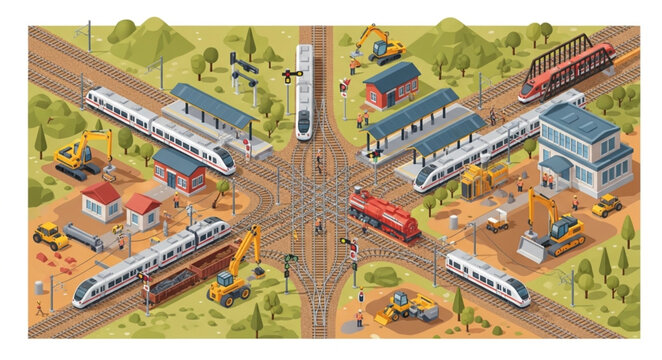 Multiple Trains Converging At Railway Junction With Switches.