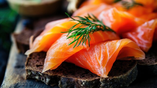 tonalite. Close-up of oily smoked salmon slices on dark rye bread. menu design, packaging mockups, designed for culinary blogs and recipe cards for restaurants, used by interior designers.