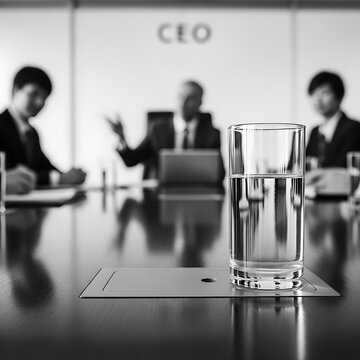 Glass of water on a corporate meeting table in an office with blurred business people, CEO sign, and a laptop