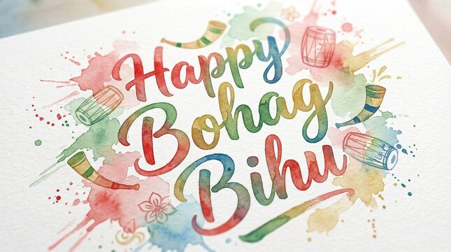 Happy Bohag Bihu Festival Background with Assamese Dhol Pepa and Gamusa on White with Copy Space

