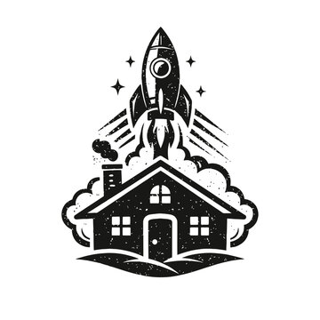 Monochrome distressed vector of rocket launching from house. Symbolizes ambitious growth, startup success, future innovation, home-based dreams, entrepreneurial spirit, secure foundations, new grand a