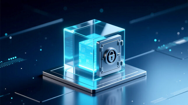 Cybersecurity illustration A digital safe encrypting data embodying a critical ransomware protection concept for secure information storage on advanced technological systems