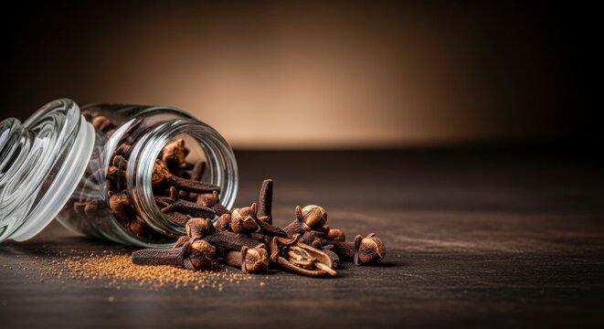 Cloves spilling from a jar on a wooden surface