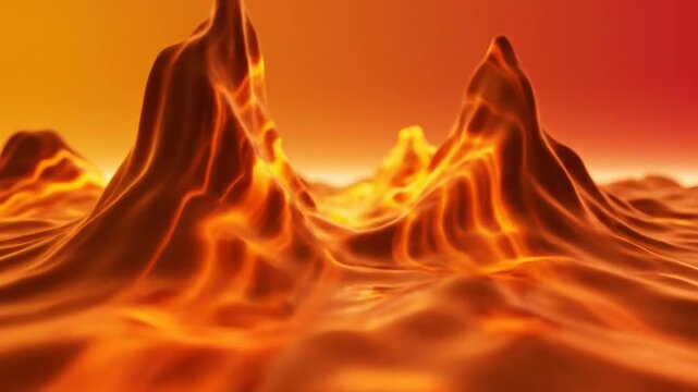 Abstract rendering of a molten, fiery landscape with undulating terrain and vibrant, glowing peaks against an orange gradient sky