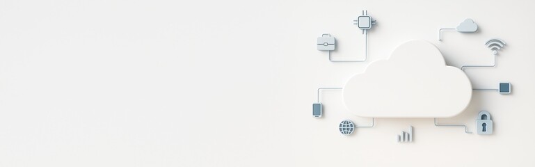 Cloud technology concept with icons connected to a white cloud on light background symbolizing data network and digital communication systems.