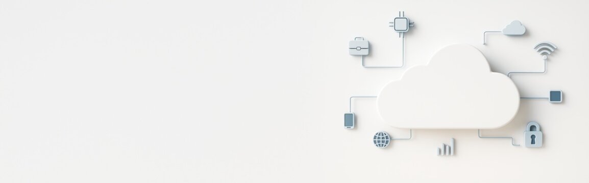 Cloud technology concept with icons connected to a white cloud on light background symbolizing data network and digital communication systems.