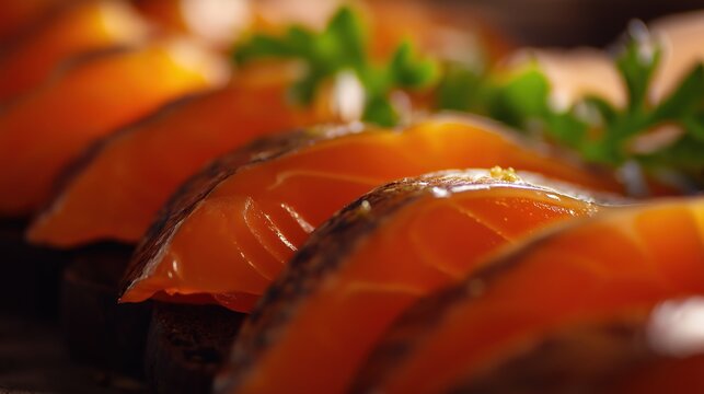 tonalite. Close-up of oily smoked salmon slices on dark rye bread. menu design, packaging mockups, designed for culinary blogs and recipe cards for restaurants, used by interior designers.