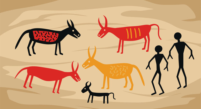 Ancient cave paintings depicting human figures and various animal species.