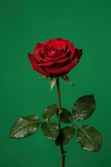 Fototapeta premium Beautiful Single Red Rose Flower with Green Leaves on Solid Dark Green Background