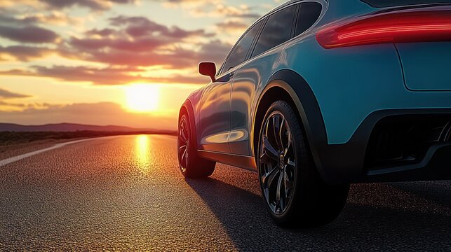 rear three-quarter view of a modern blue crossover on an empty highway at sunset with warm golden light reflecting off glossy body evoking freedom and anticipation