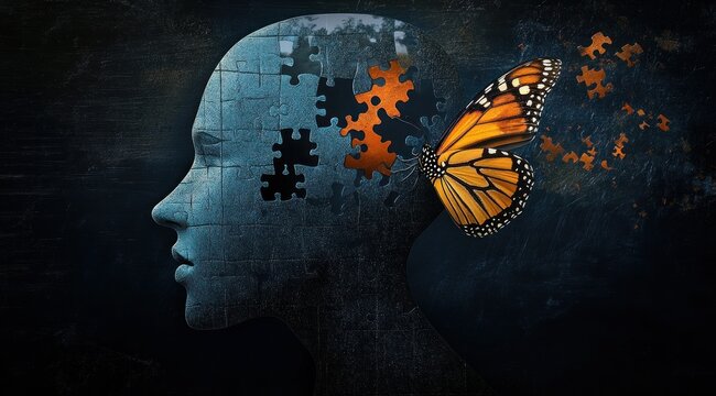 human head silhouette losing puzzle pieces that transform into an orange butterfly against a dark textured background, conveying transformation and hopeful release
