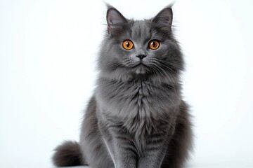 Fototapeta premium fluffy grey long-haired cat with striking amber eyes sitting on white background, calm and curious expression