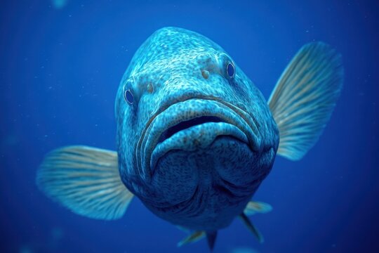 close-up of a large blue fish facing the camera in deep blue water with spread fins and a curious, solemn expression
