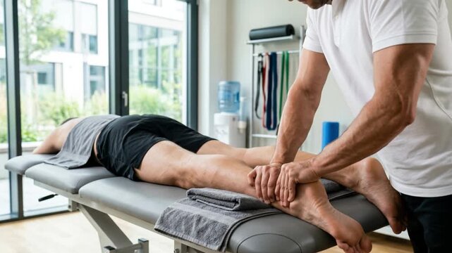 Professional Physiotherapist Massaging the Lower Leg of a Male Patient in a Modern Rehabilitation Clinic for Pain Relief and Recovery
