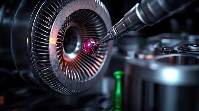 close-up of a metallic turbine impeller being probed by a robotic measurement stylus with a pink ruby tip, surrounded by precision machinery conveying focused high-tech accuracy
