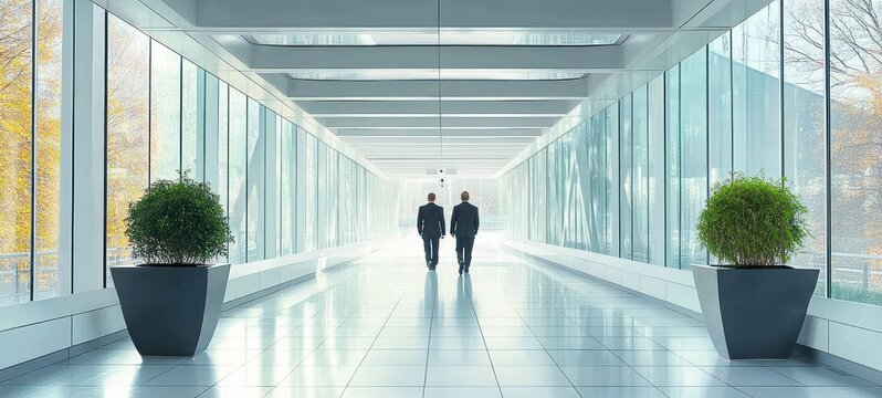 Two businessmen walking through a bright glass corridor with reflective tiled floor, large potted plants, floor-to-ceiling windows and autumn trees outside, calm purposeful mood