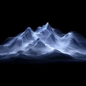 Frozen peaks glow with icy blue light against pure black. Silhouettes ripple like liquid crystal across mountain ridges. Misty valleys shimmer with cold, ethereal radiance. The scene evokes mystery