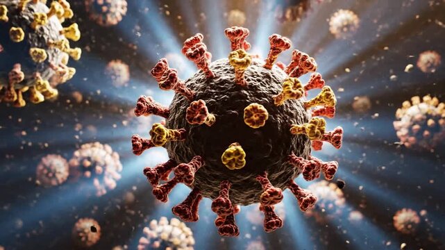 3D Animation of Coronavirus Particles Floating in Dark Space, Pandemic Concept
