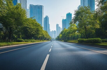 Fototapeta premium Empty tree-lined urban boulevard framed by lush green trees and towering glass skyscrapers, calm serene morning with clear blue sky and long vanishing perspective