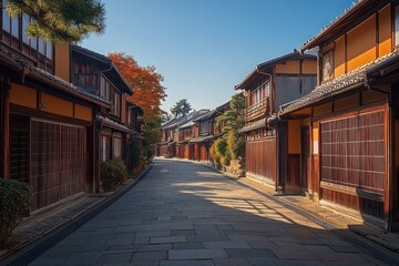 Fototapeta premium Empty sunlit street lined with traditional wooden houses, stone pavement, autumn foliage and a clear blue sky, peaceful and nostalgic atmosphere