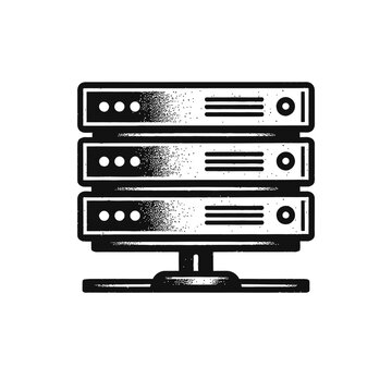 Black and white stippled illustration of a three-unit server stack, representing core data center infrastructure. This graphic highlights network hardware, cloud computing, web hosting, and data stora