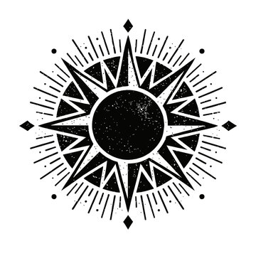 Mystical Celestial Compass Rose Sun Starburst Emblem with Distressed Texture and Esoteric Rays. A Grunge Bohemian Cosmic Spiritual Symbol in Black and White Artwork, Perfect for Digital Design and Tat